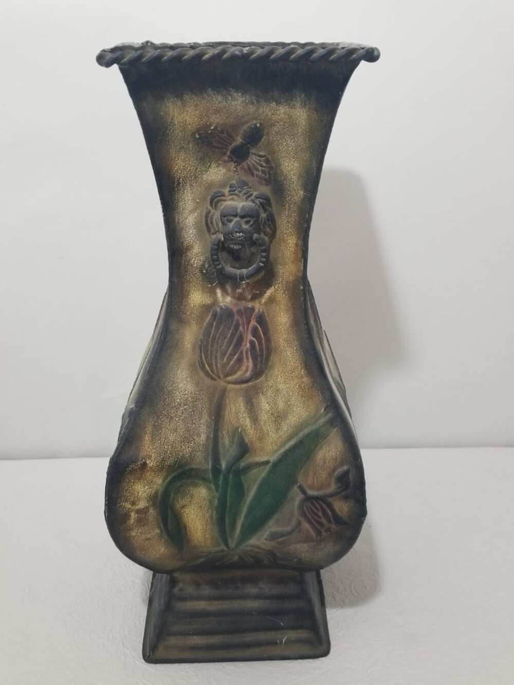 Metal Decorative Hammered Vase Bee Flower 16.5"x6.5" Gold Red Green Brown - Picture 8 of 16